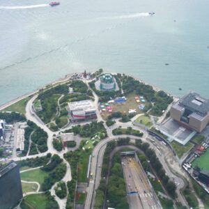Aerial Wide Shot of West Kowloon cultural district in Hong Kong city